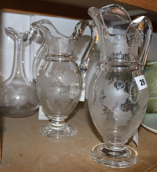 Pair glass ewers and a jug, possibly James Walsh